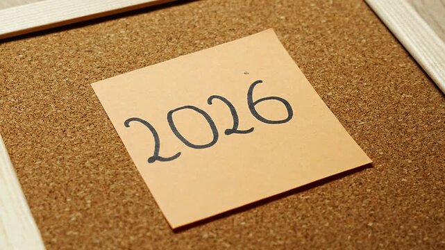 A small pile of peach sticky notes on cork, the top one marked 2027 in black marker over loosely layered sheets below. It suggests a busy year ahead, piled up plans, many tasks and a full agenda for 