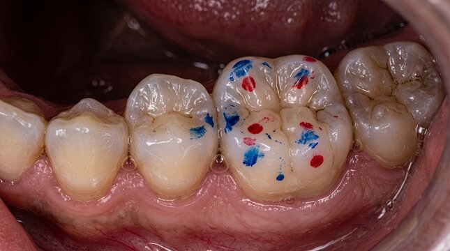 Closeup of lower molars with red and blue bite marks on glossy enamel inside open mouth macro detail