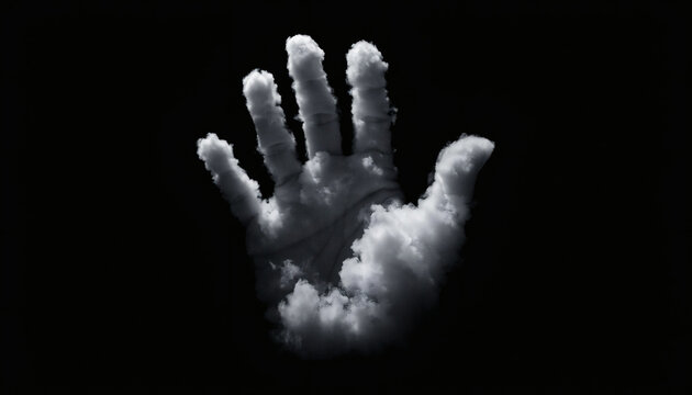 Monochrome, soft white cloud shaped like a raised human hand with long fingers, a thumb and palm lines glowing against a dark black background