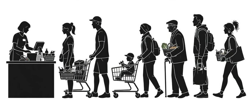 Diverse group of people in silhouette queuing at a grocery store checkout counter.