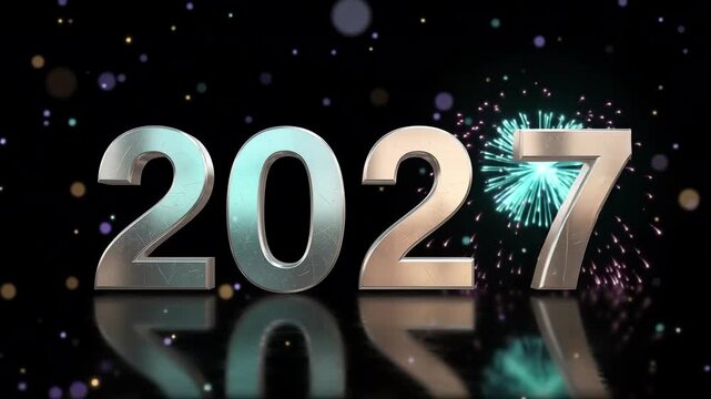 Elegant Metallic 3D 2027 New Year Celebration with Golden Fireworks, Glowing Particles and Reflective Black Background