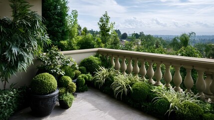 Fototapeta premium A lush balcony garden with manicured shrubs potted plants and a stone balustrade overlooking a green landscape under a partly cloudy sky