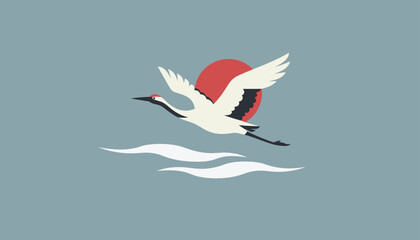 Fototapeta premium Elegant crane bird in flight against a bright red sun over waves captures traditional Japanese art styles and peaceful nature scenes.