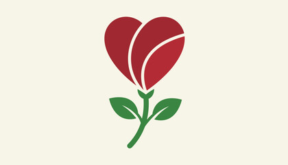 Fototapeta premium Red rose flower bud shaped like a heart with green leaves represents romantic love, valentines day, and delicate floral beauty.