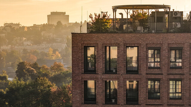 Modern Industrial Brick Apartment Building at Sunrise
