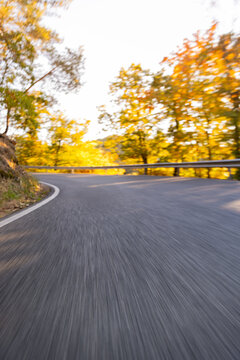 An empty asphalt road curves through a forest. A panning camera creates a motion-blur effect across the road and surrounding trees, giving the still scene a sense of speed and movement.