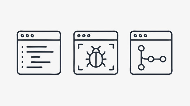 Three navy outline browser windows on a faint grid: one with code lines, one with a bug inside corner brackets and one with a commit branch graph, software development icons
