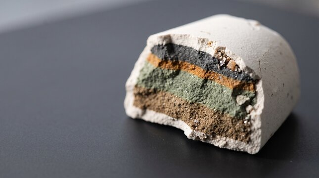 Pressed alfalfa horse feed pellet with visible green and brown layers, cross section of textured cylinder on dark background