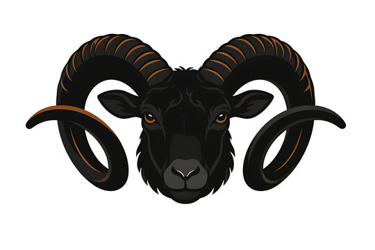 A black ram head vector with large curved horns, Aries zodiac mascot logo, it's a isolated on white background