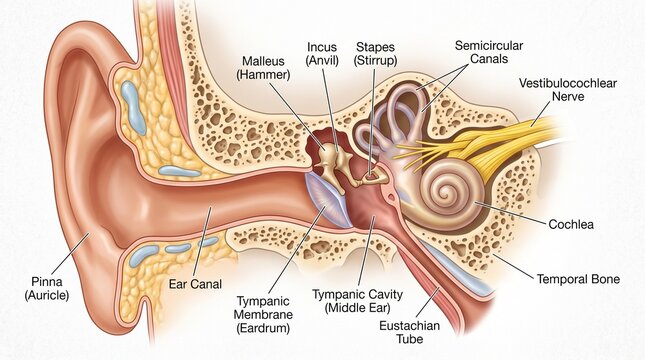 Detailed anatomical diagram of the human ear showing inner, middle, and outer structures