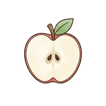 Fresh half red apple fruit watercolor hand drawn illustration with green leaf for juice packaging, recipe book, healthy food menu, and botanical print on transparent background