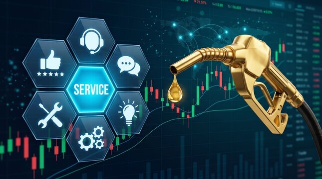 Golden fuel pump nozzle with oil drop next to glowing service icons menu and financial stock market chart