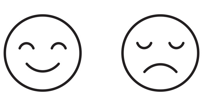 Minimalist happy and sad face line art icons, happy sad emoticon set, black outline customer satisfaction feedback symbols, vector graphic for app UI