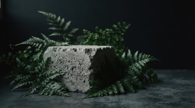A textured concrete block display pedestal surrounded by lush green fern foliage on dark surface