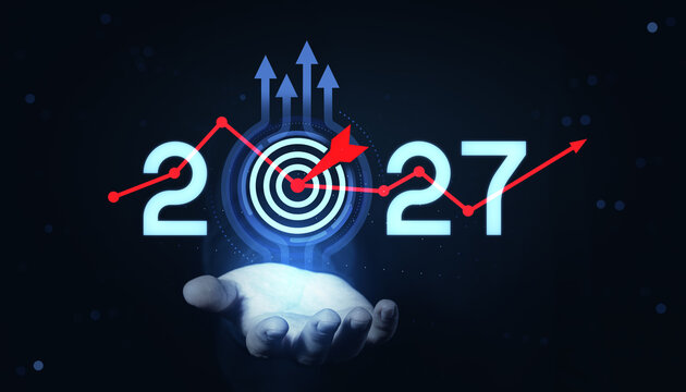 Creative 2027 forecast with rising trend arrows, target symbol, and glowing numerals for future business growth and new year strategy background.