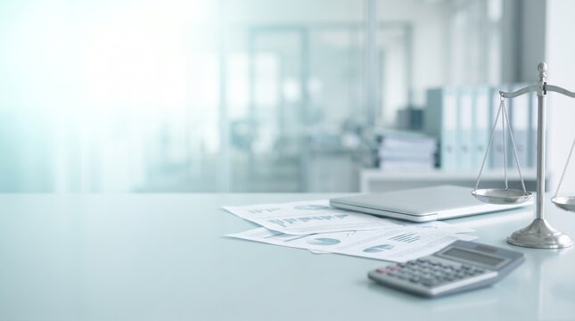 Banking Law and Financial Regulation Concept with Silver Justice Balance, Calculator and Financial Documents in Dreamy Blue Office Background