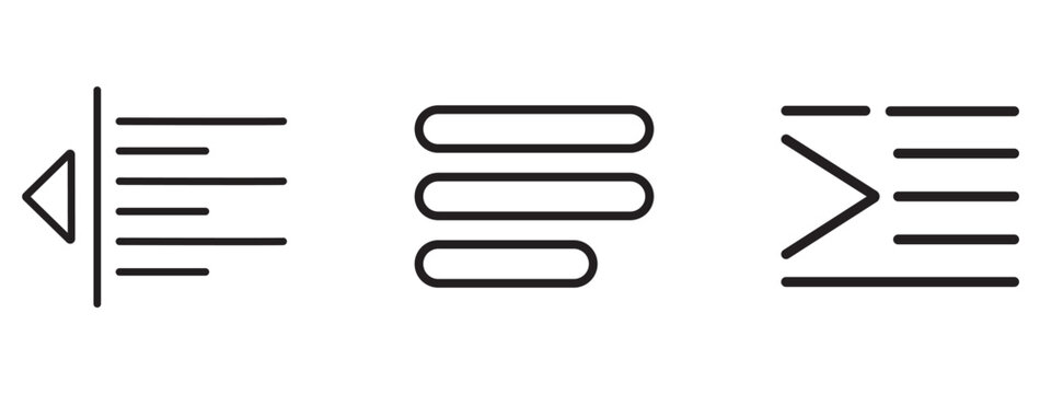 Minimalist text alignment icons set, paragraph formatting vector line art, black and white user interface design elements, editor alignment tools