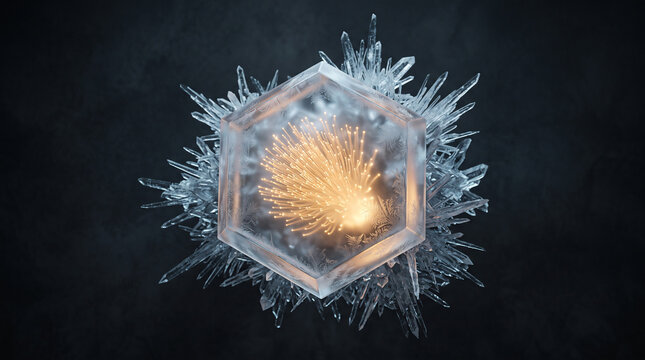 Frozen hexagonal ice block containing glowing warm fiber optic core surrounded by sharp crystalline frost needles over textured dark slate background.