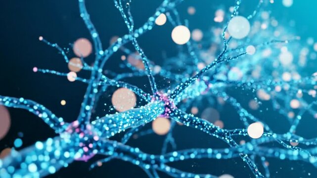 Glowing blue neuron cells firing signals inside the human brain
