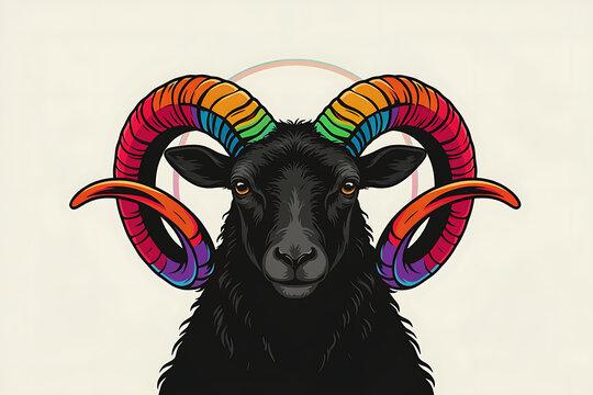 A Black ram head vector portrait with colorful rainbow horns, Aries zodiac mascot logo, isolated 