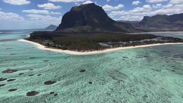 Drone flight over kitesurfers in the Le Morne lagoon, Mauritius
