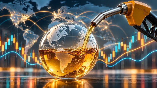 Fuel nozzle filling glass globe with golden crude oil against world map and financial stock market trading chart