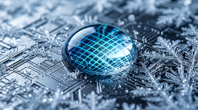 Sphere containing glowing grid light on electronic circuit board surface surrounded by frozen ice crystal structures for high tech digital innovation visual.