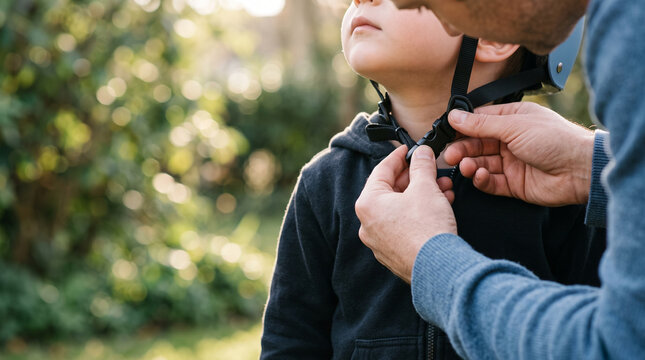 Father helping fastening child bicycle helmet, happy bonding moment in nature. Protective parent caring for young kid, safety first concept