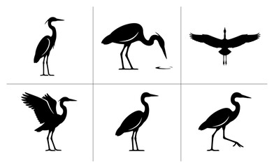 Fototapeta premium Heron silhouettes set with standing, flying, wading and walking poses for nature and wildlife design