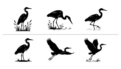 Fototapeta premium Heron silhouettes set with birds standing, wading and flying for wildlife logos