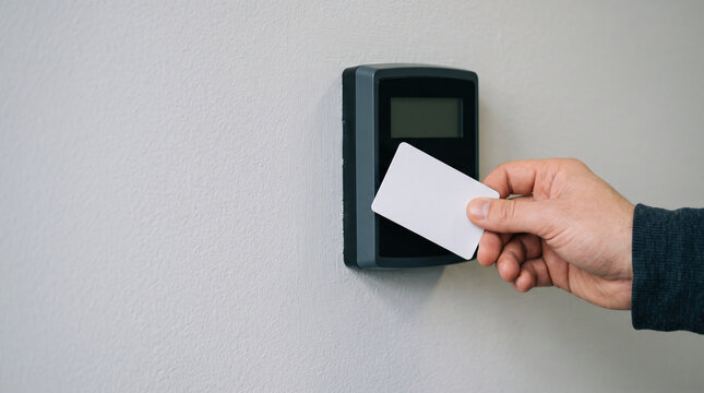 Hand swiping white access card on electronic security scanner device at office entry, feeling focused and professional during work routine