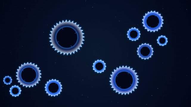 Abstract glowing blue gear mechanism motion background, digital technology concept, rotating mechanical cogs animation for corporate presentations