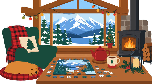Cozy winter cabin interior with half finished jigsaw puzzle tea pot and mug on wooden table by fireplace with sleeping dog armchair and snowy mountain view through large window with christmas lights