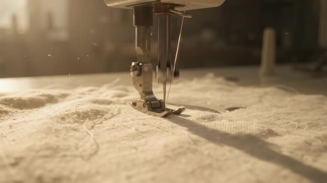 Close up of sewing machine needle stitching textured fabric with dust particles