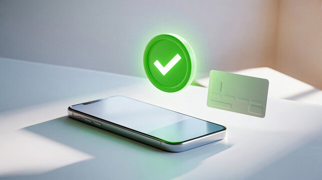 Minimalist digital payment scene with a smartphone and blank generic credit card on a clean bright surface, glowing green success icon above the phone indicating secure checkout completion, ecommerc