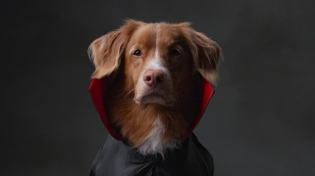 Nova Scotia Duck Tolling Retriever dog wears a black cape with a red vampire collar in the studio. Close-up portrait shows the dressed dog against a dark background for Halloween.
