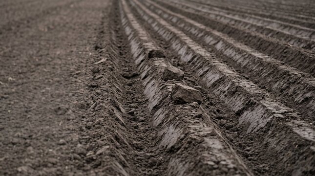 Plowed soil furrows in dark earth close up