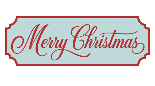 Elegant Merry Christmas script badge with red copperplate calligraphy on pale blue vintage label with notched corners and festive holiday border for seasonal retro greeting card design art