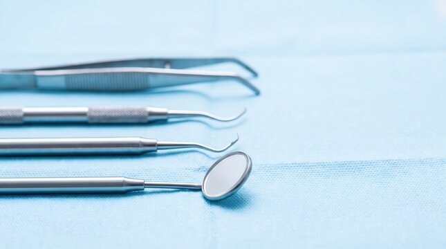 Sterile dental equipment aligns meticulously on soft blue clinical cloth, displaying metallic mouth mirror, pointed periodontal probe and examination tweezers in calm healthcare setting.