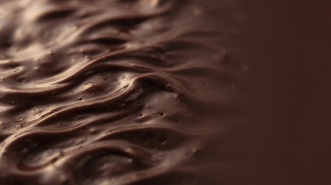 Glossy molten dark chocolate with flowing ripples, indulgent macro food texture background with copy space