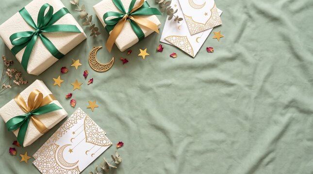 Eid gifts flat lay with wrapped boxes, green ribbons, eidi envelopes, crescent ornament and gold stars on sage background