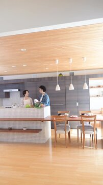 おしゃれで綺麗な新築住宅やマンションのモダンなキッチンで家事を協力して行う日本人夫婦、 お皿を拭く家事分担と共働き家庭の快適な暮らしの縦動画