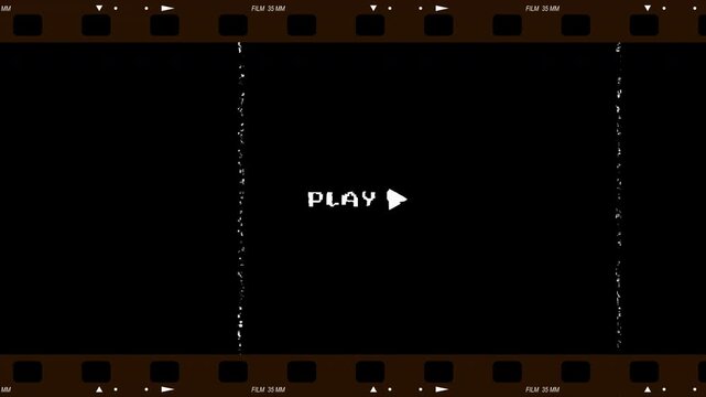 Vintage film strip frame with a play button and analog video glitches defects featuring scratches and noise on a black background for cinematic overlays