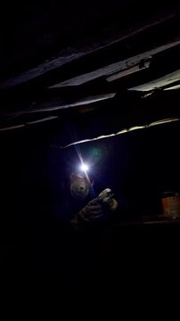 Pest control professional with a mask and flashlight applying insecticide treatment to old wooden beams in a dark attic to exterminate woodworms