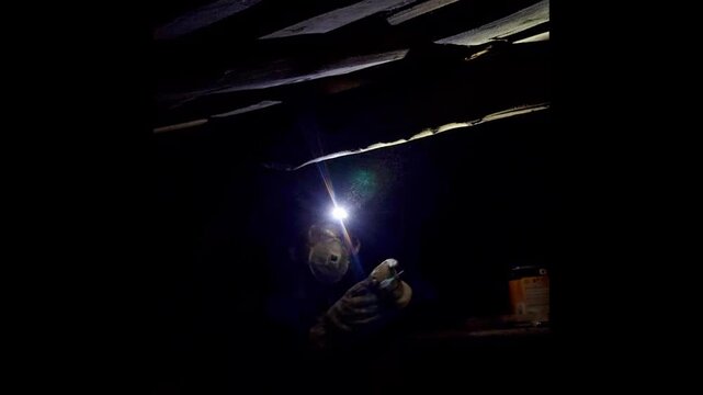 Dark setting where a pest control worker with a headlamp and protective mask sprays insecticide on wooden beams to exterminate woodworms