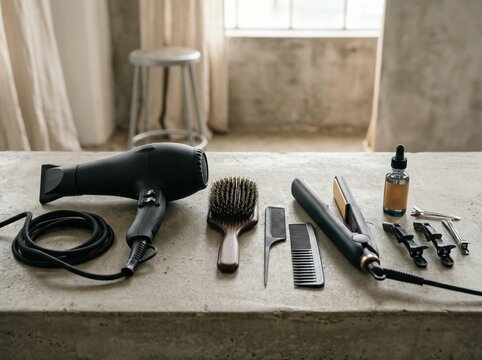 professional hairdressing tools with black hair dryer, flat iron, boar bristle brush, combs, clips and oil on concrete