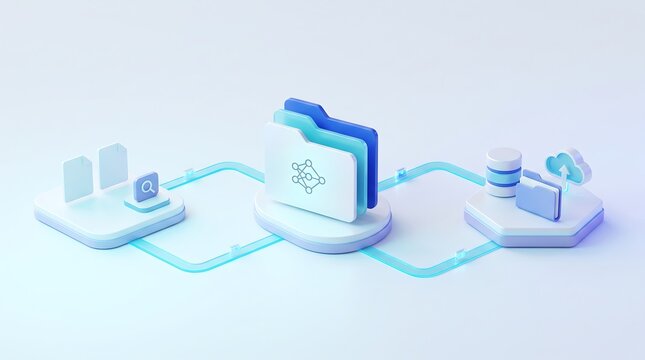 File folder data management and organization system with search and cloud storage integration in clean light blue isometric 3d render for digital document workflow and information retrieval