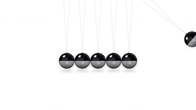 Newton's Cradle Physics Pendulum with Chrome Balls on White Background