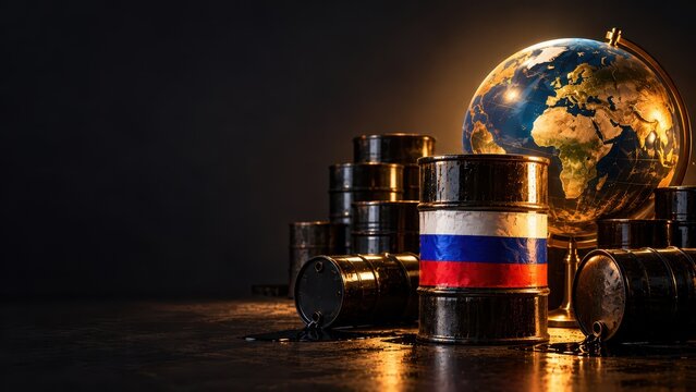 Russian Oil Barrels with National Flag and Illuminated World Globe Symbolizing Global Energy Markets and Petroleum Trade