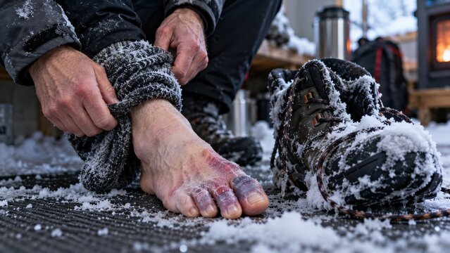 Severe Frostbite on Bare Foot with Discolored Toes After Exposure to Extreme Cold in Snowy Winter Conditions